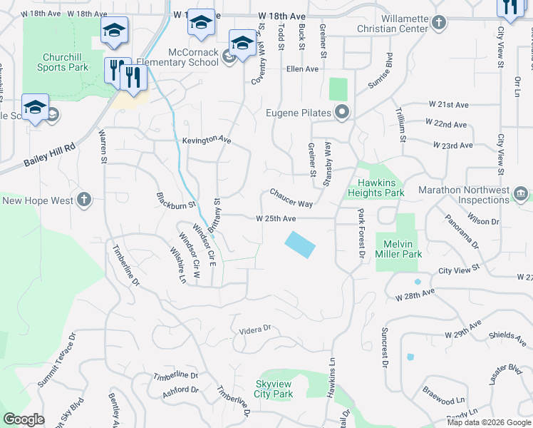 map of restaurants, bars, coffee shops, grocery stores, and more near 3481 Chaucer Way in Eugene