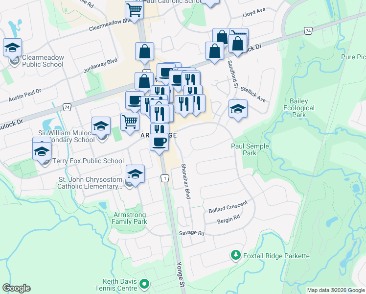 map of restaurants, bars, coffee shops, grocery stores, and more near 68 Nelson Circle in Newmarket