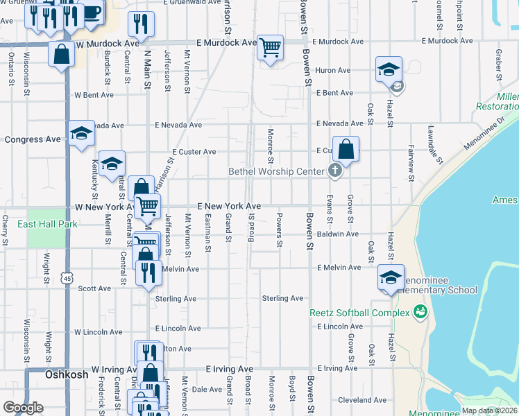 map of restaurants, bars, coffee shops, grocery stores, and more near 1230 Monroe Street in Oshkosh