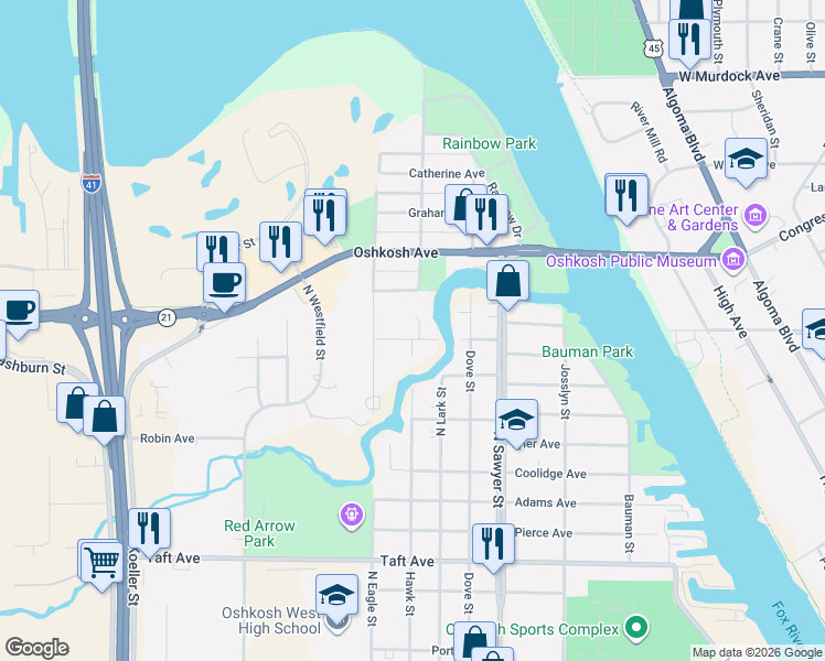 map of restaurants, bars, coffee shops, grocery stores, and more near 1222 Nimrod Court in Oshkosh