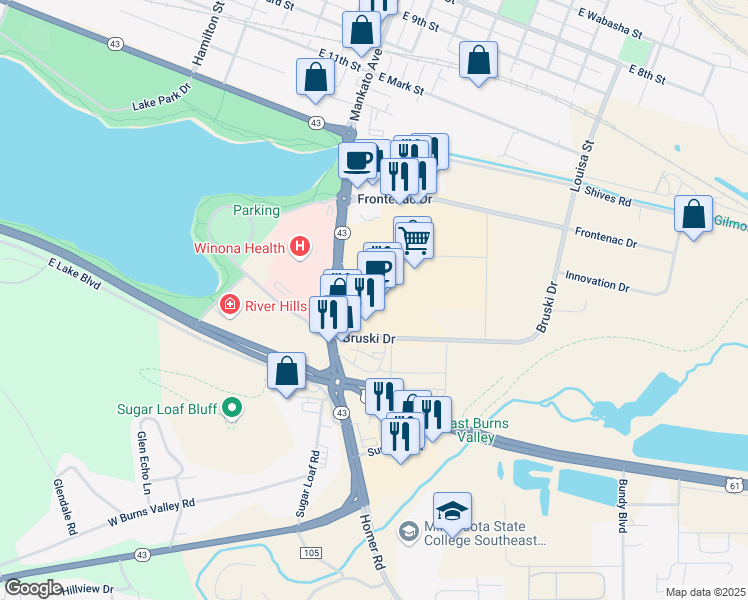 map of restaurants, bars, coffee shops, grocery stores, and more near 860 Mankato Avenue in Winona