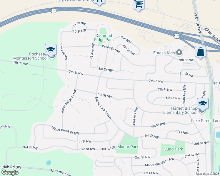 map of restaurants, bars, coffee shops, grocery stores, and more near 4421 Manor Drive Northwest in Rochester