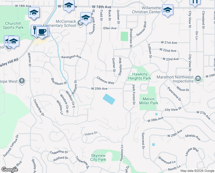 map of restaurants, bars, coffee shops, grocery stores, and more near 3384 Chaucer Way in Eugene