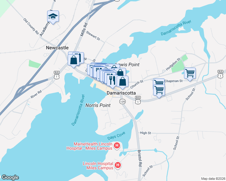 map of restaurants, bars, coffee shops, grocery stores, and more near 189 Main Street in Damariscotta
