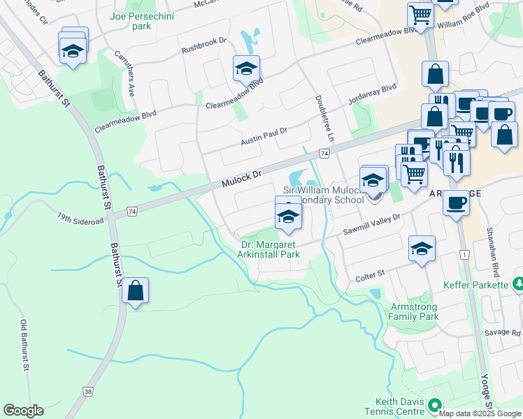 map of restaurants, bars, coffee shops, grocery stores, and more near 284 McBride Crescent in Newmarket