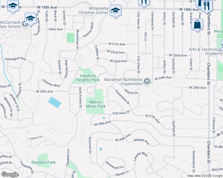 map of restaurants, bars, coffee shops, grocery stores, and more near 2496 Panorama Drive in Eugene