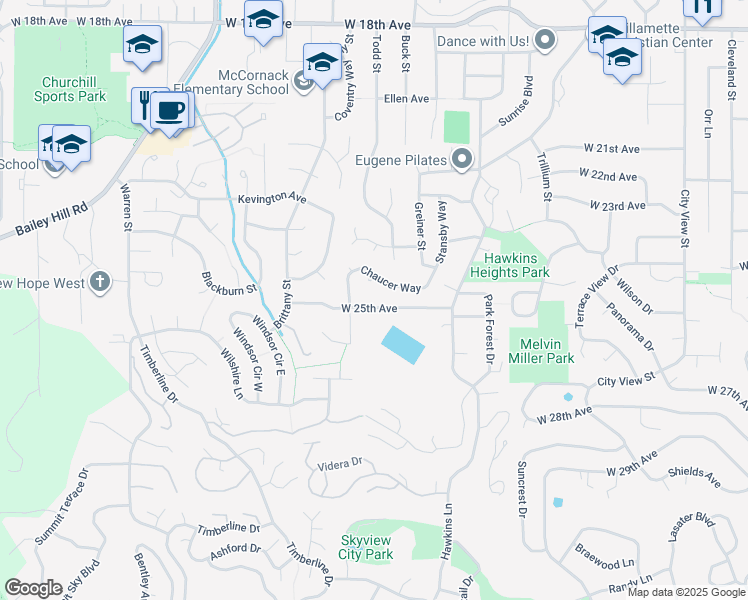 map of restaurants, bars, coffee shops, grocery stores, and more near 3424 Chaucer Way in Eugene