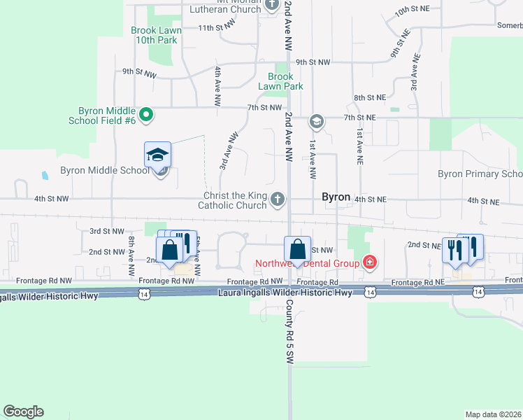 map of restaurants, bars, coffee shops, grocery stores, and more near 302 4th Street Northwest in Byron