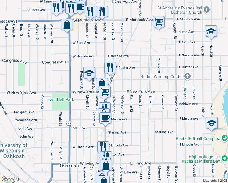 map of restaurants, bars, coffee shops, grocery stores, and more near 100 East New York Avenue in Oshkosh
