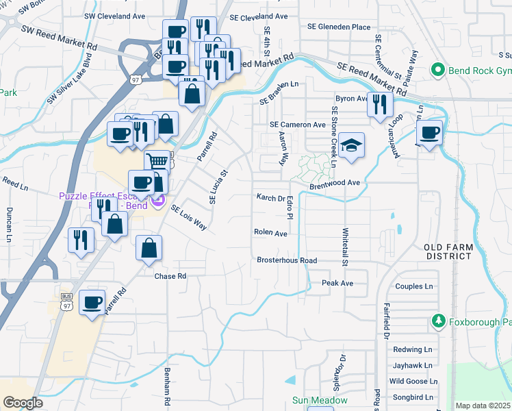 map of restaurants, bars, coffee shops, grocery stores, and more near 61468 Brosterhous Road in Bend