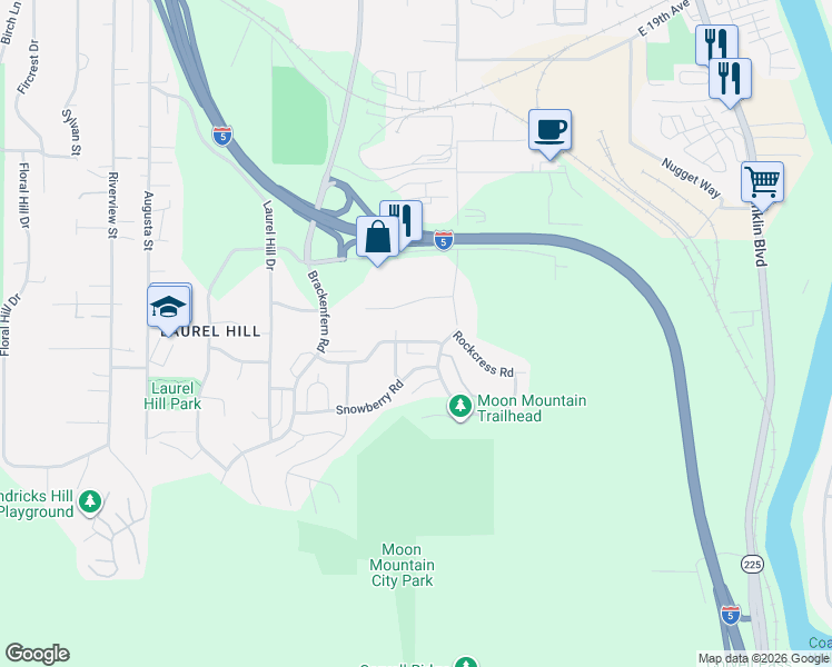 map of restaurants, bars, coffee shops, grocery stores, and more near 3636 East 25th Avenue in Eugene