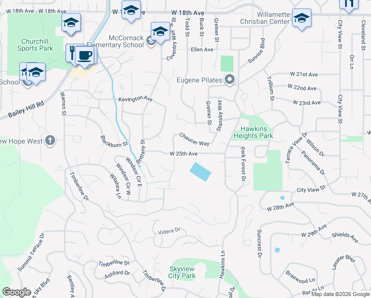 map of restaurants, bars, coffee shops, grocery stores, and more near 3424 Chaucer Way in Eugene