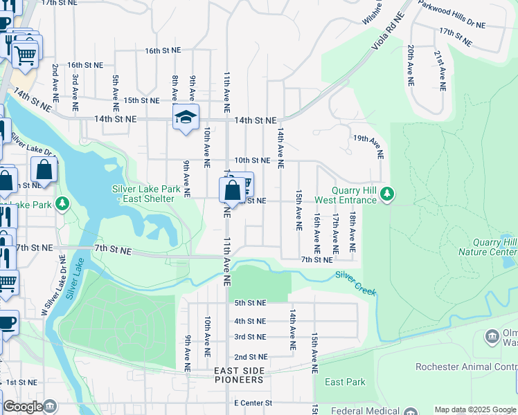 map of restaurants, bars, coffee shops, grocery stores, and more near 1305 9th Street Northeast in Rochester