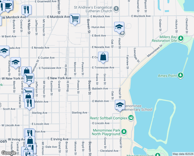 map of restaurants, bars, coffee shops, grocery stores, and more near 1199 Evans Street in Oshkosh