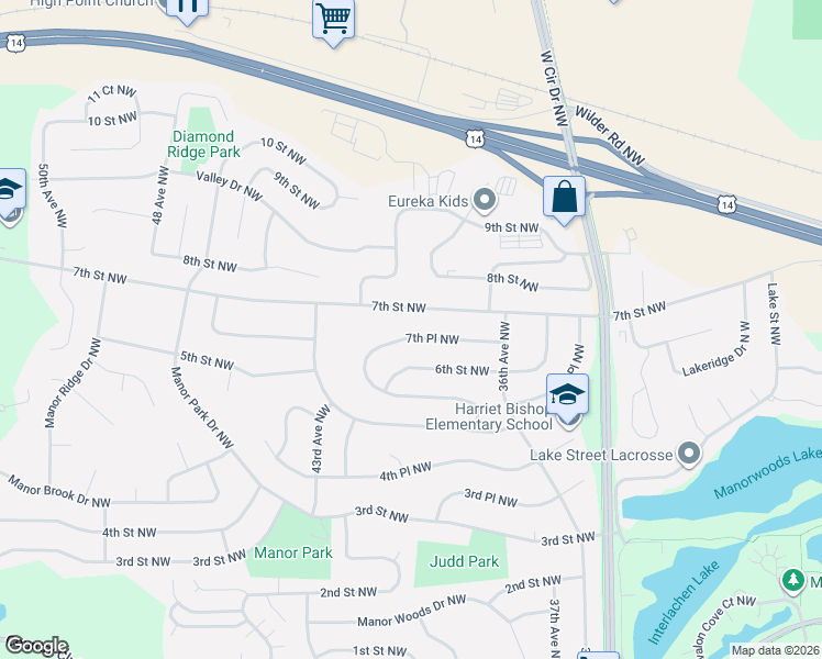 map of restaurants, bars, coffee shops, grocery stores, and more near 4044 7th Street Northwest in Rochester