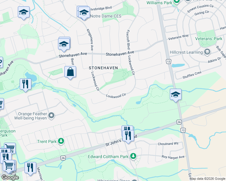 map of restaurants, bars, coffee shops, grocery stores, and more near 956 Portminster Court in Newmarket