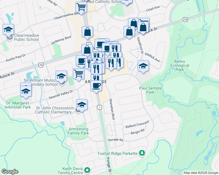 map of restaurants, bars, coffee shops, grocery stores, and more near 687 Shanahan Boulevard in Newmarket
