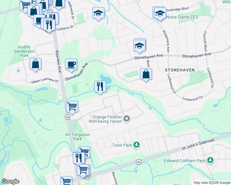 map of restaurants, bars, coffee shops, grocery stores, and more near 840 Comfort Lane in Newmarket