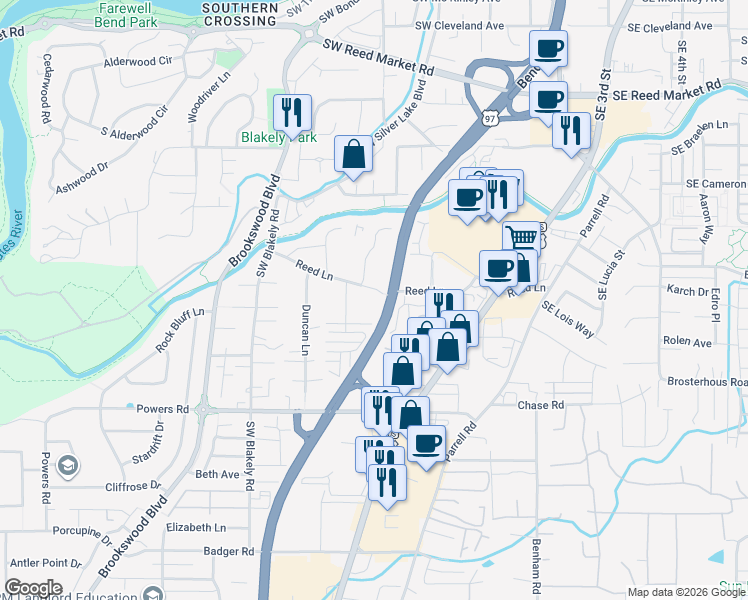 map of restaurants, bars, coffee shops, grocery stores, and more near 20187 Reed Lane in Bend