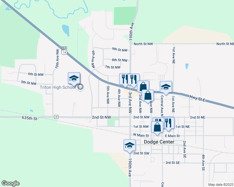 map of restaurants, bars, coffee shops, grocery stores, and more near 405 4th Avenue Northwest in Dodge Center