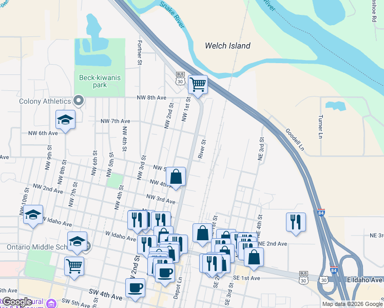 map of restaurants, bars, coffee shops, grocery stores, and more near 600-698 Olds Ferry-Ontario Hwy in Ontario