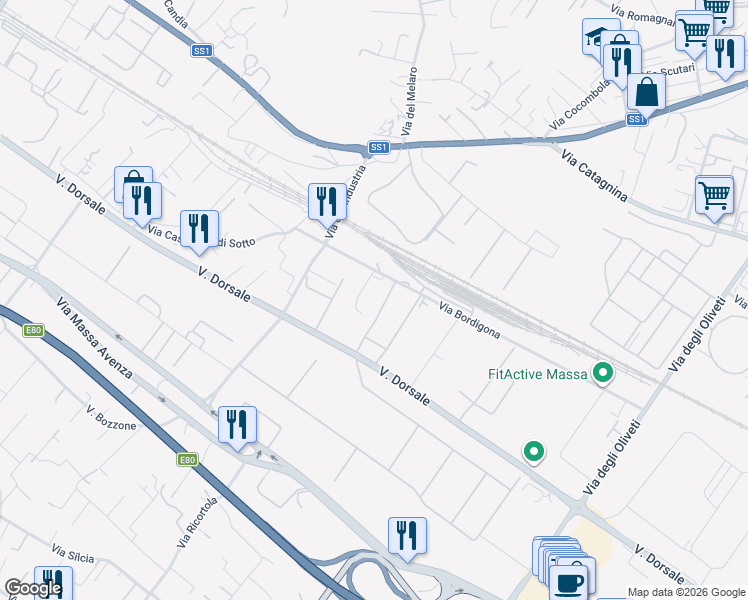 map of restaurants, bars, coffee shops, grocery stores, and more near 13 Via Bordigona in Massa