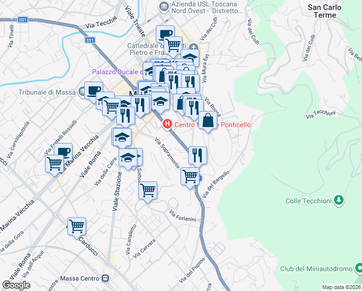 map of restaurants, bars, coffee shops, grocery stores, and more near 29-45 Strada Statale 1 Variante Aurelia di La Spezia in Massa