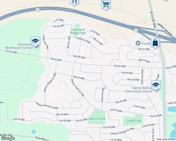 map of restaurants, bars, coffee shops, grocery stores, and more near 4421 Manor Drive Northwest in Rochester