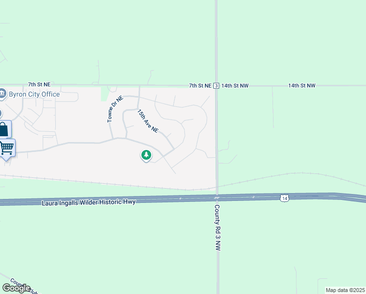 map of restaurants, bars, coffee shops, grocery stores, and more near 877 Towne Drive Northeast in Byron