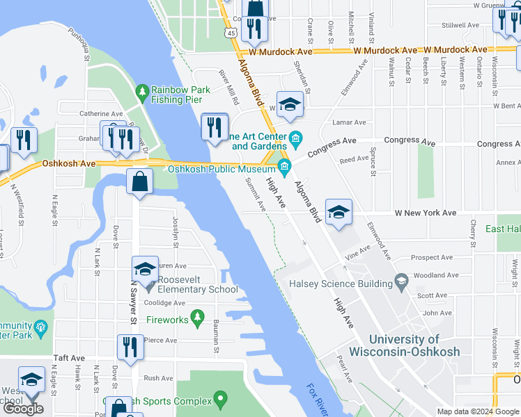 map of restaurants, bars, coffee shops, grocery stores, and more near 1225 Summit Avenue in Oshkosh