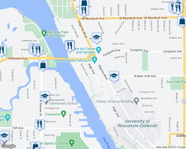 map of restaurants, bars, coffee shops, grocery stores, and more near 1207 High Avenue in Oshkosh