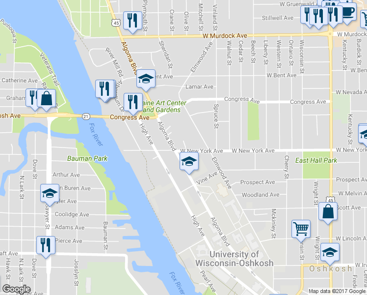 map of restaurants, bars, coffee shops, grocery stores, and more near 1454 West New York Avenue in Oshkosh