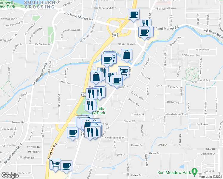 map of restaurants, bars, coffee shops, grocery stores, and more near 61471 South Highway 97 in Bend