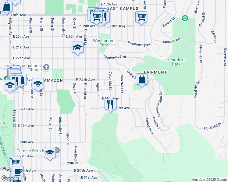 map of restaurants, bars, coffee shops, grocery stores, and more near 2528 Chula Vista Boulevard in Eugene