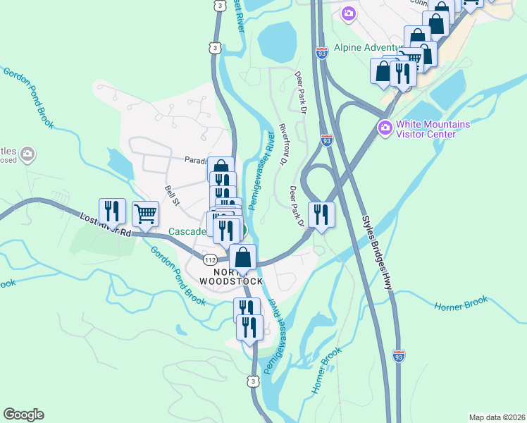 map of restaurants, bars, coffee shops, grocery stores, and more near 138 Main Street in Woodstock