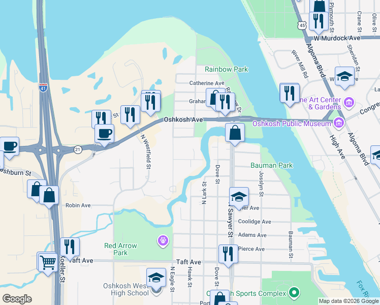 map of restaurants, bars, coffee shops, grocery stores, and more near 1222 Nimrod Court in Oshkosh