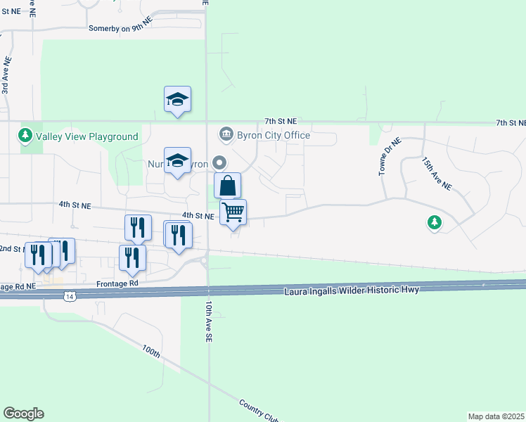 map of restaurants, bars, coffee shops, grocery stores, and more near 551 Byron Main Court Northeast in Byron