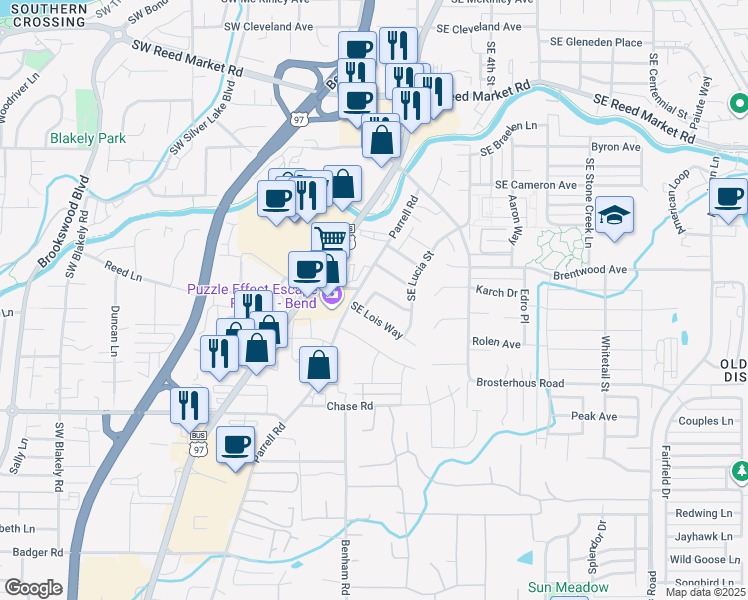 map of restaurants, bars, coffee shops, grocery stores, and more near 20350 Southeast Elaine Lane in Bend