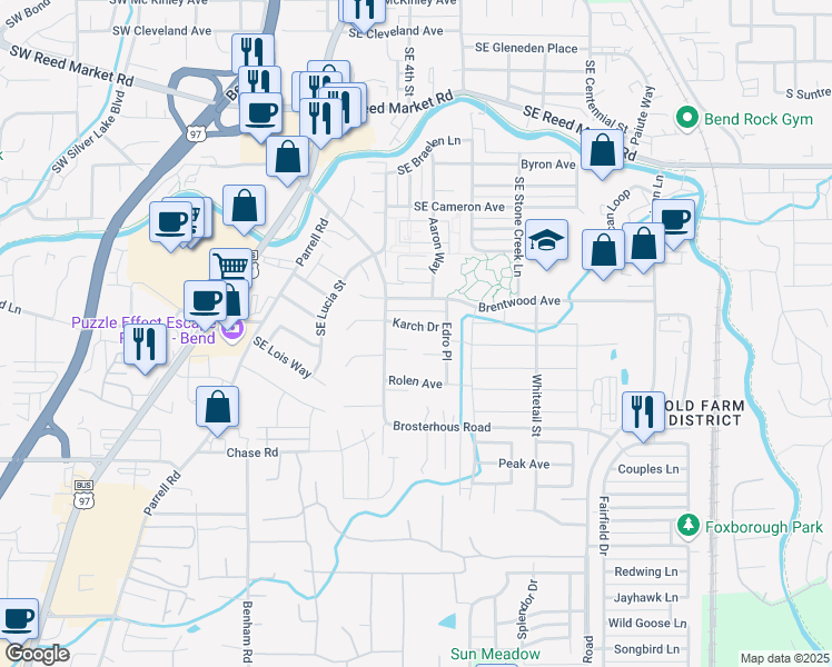 map of restaurants, bars, coffee shops, grocery stores, and more near 20467 Karch Drive in Bend