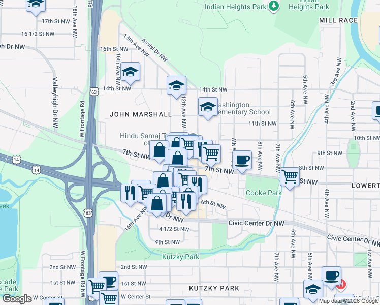 map of restaurants, bars, coffee shops, grocery stores, and more near 1107 9th Street Northwest in Rochester