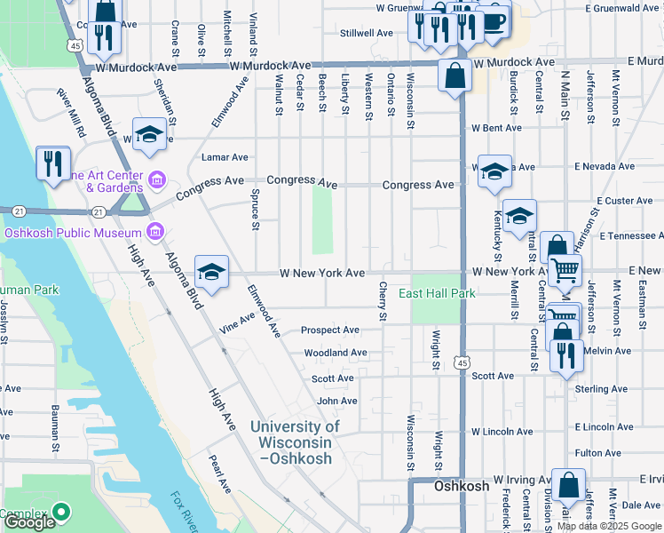 map of restaurants, bars, coffee shops, grocery stores, and more near 916 West New York Avenue in Oshkosh
