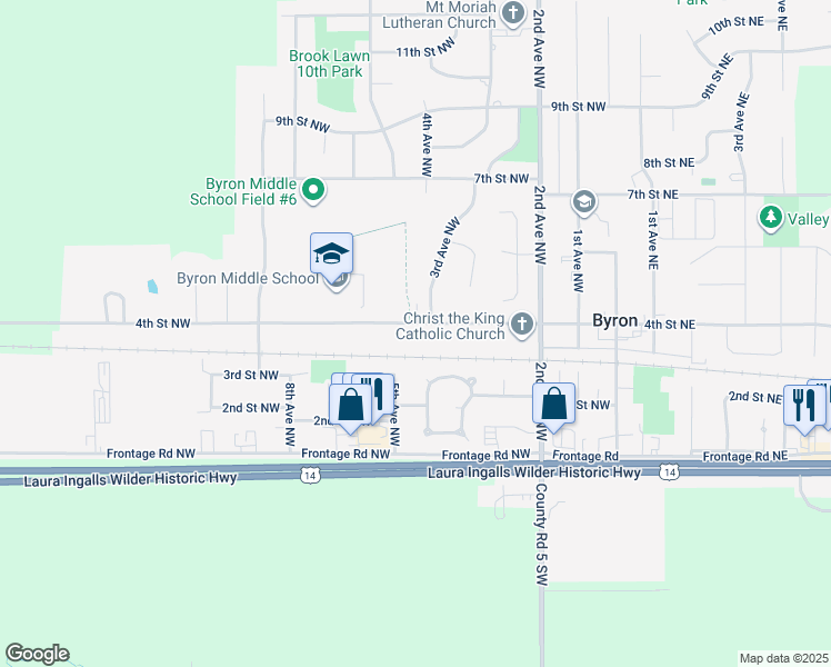 map of restaurants, bars, coffee shops, grocery stores, and more near 334 4th Street Northwest in Byron