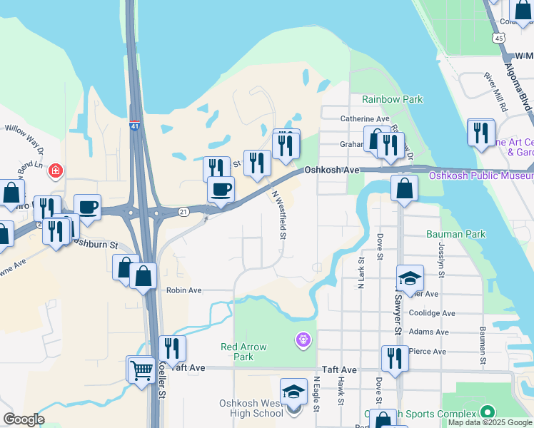 map of restaurants, bars, coffee shops, grocery stores, and more near 1230 Locust Street in Oshkosh