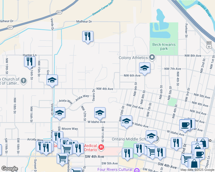 map of restaurants, bars, coffee shops, grocery stores, and more near 1117 Northwest 4th Avenue in Ontario
