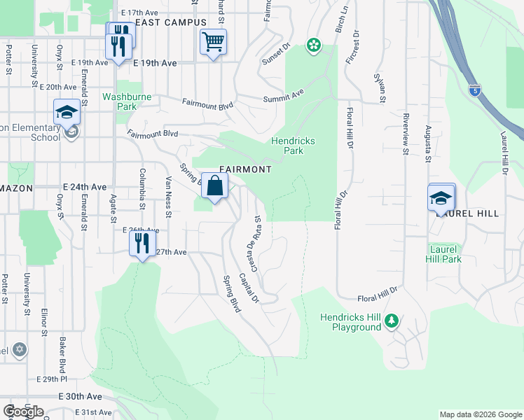 map of restaurants, bars, coffee shops, grocery stores, and more near 2550 Highland Drive in Eugene