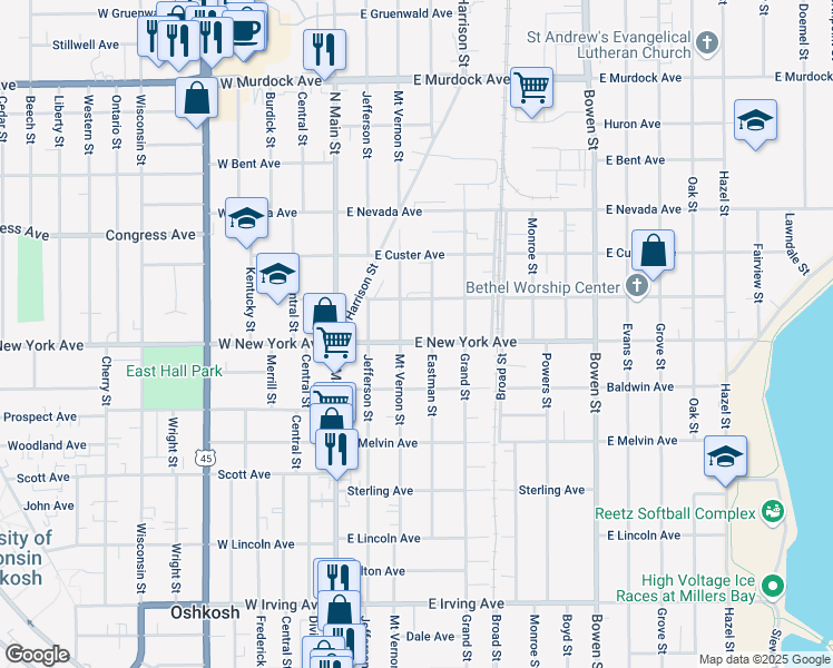 map of restaurants, bars, coffee shops, grocery stores, and more near 218 East New York Avenue in Oshkosh