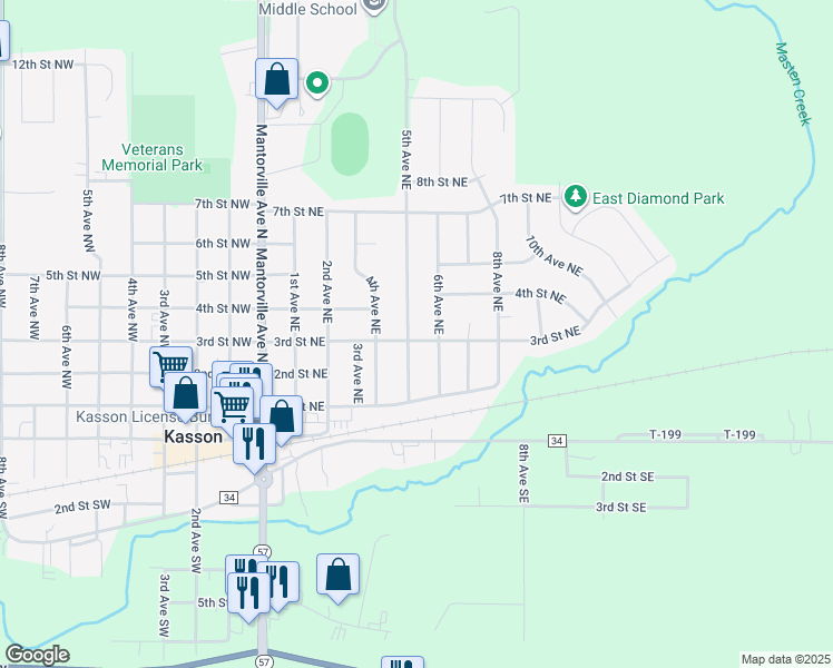 map of restaurants, bars, coffee shops, grocery stores, and more near 507 3rd Street Northeast in Kasson
