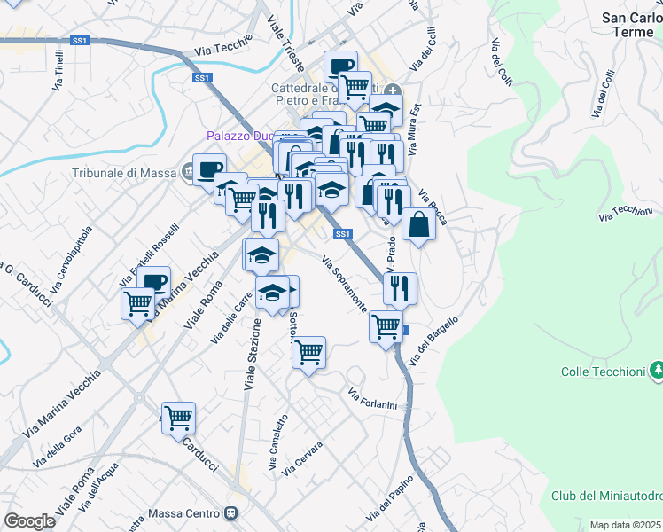 map of restaurants, bars, coffee shops, grocery stores, and more near 1-13 Via Ponticello Sud in Massa