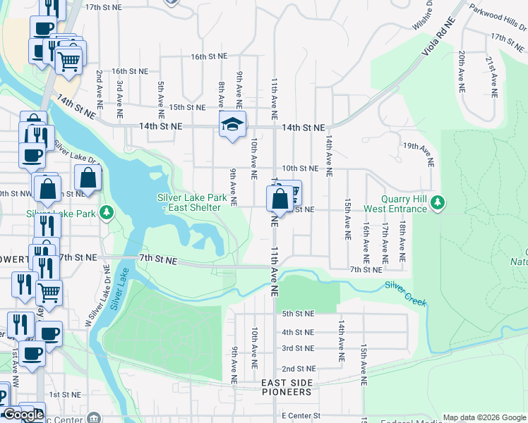 map of restaurants, bars, coffee shops, grocery stores, and more near 1024 9th Street Northeast in Rochester