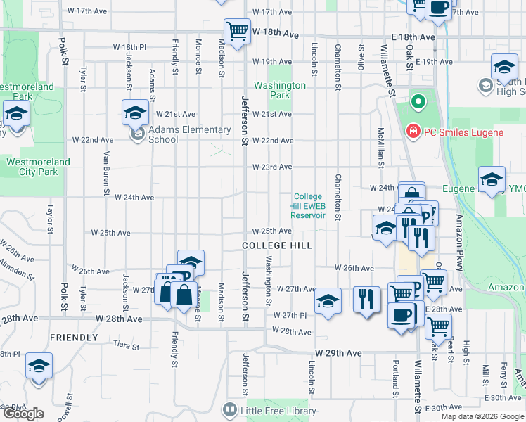 map of restaurants, bars, coffee shops, grocery stores, and more near 2450 Washington Street in Eugene
